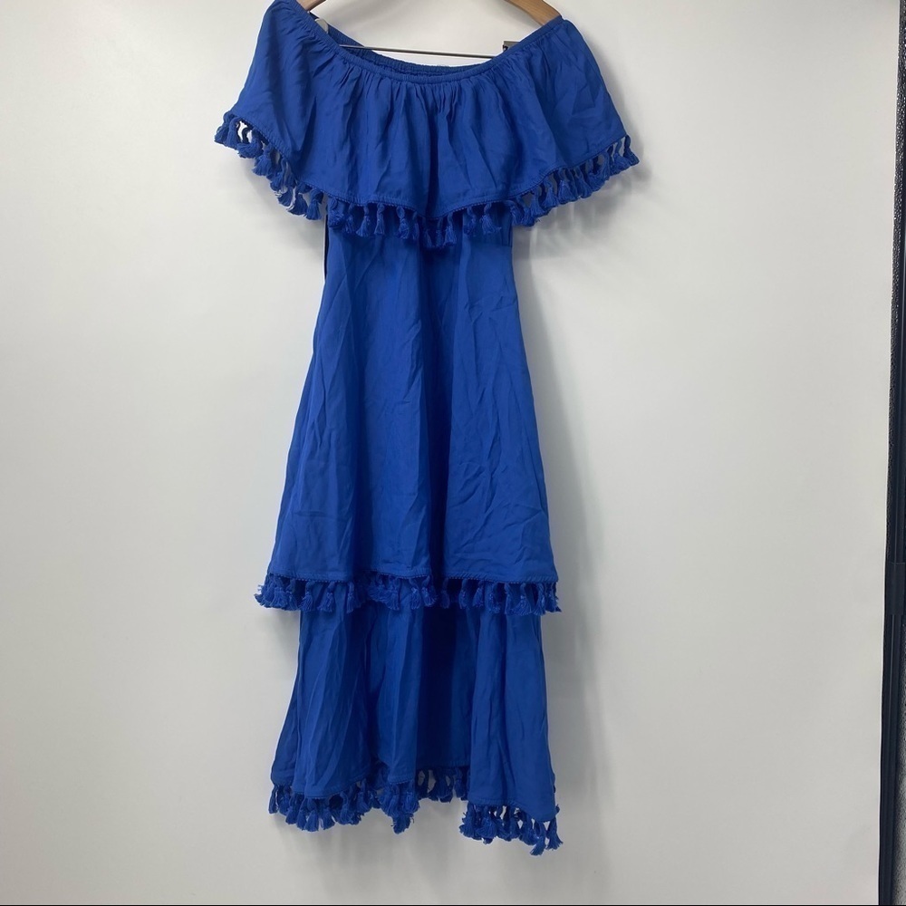 Lulu’s Pensacola blue off shoulder tiered tassel midi dress NWT! S - Picture 7 of 12